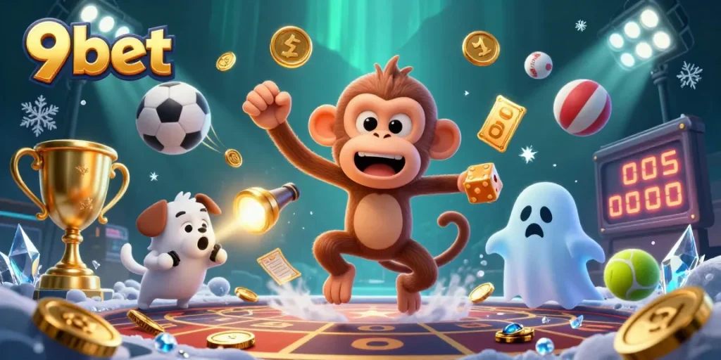 Engage with 9bet in this dynamic scene of a mischievous ghost monkey juggling gold while a curious puppy tracks it.