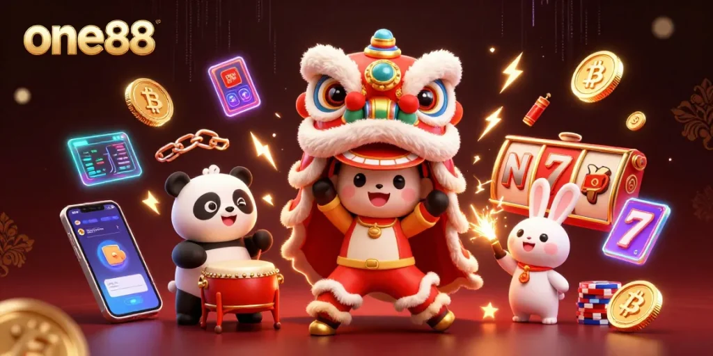 Experience the vibrant excitement of one88 casino with immersive 3D lion dance and crypto-themed elements.