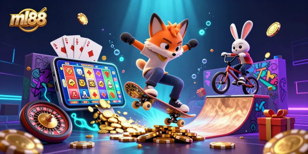Win at ml88 with cartoon characters surrounded by vibrant casino elements and a thrilling atmosphere.
