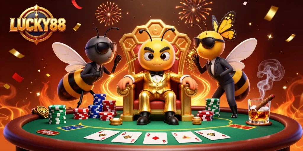 Engage with LUCKY88's thrilling poker action featuring a bumblebee mob boss and dazzling game elements.