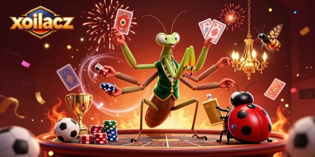 Xoilacz sports betting illustration with a giant mantis card sharp and ladybug pit boss, vibrant gaming scene