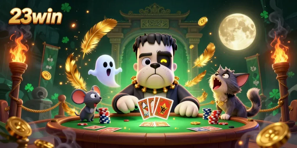 Experience thrilling card action at 23win with a Frankenstein bulldog dealer and winning ghostly surprises.