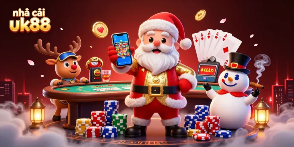 Play casino games at nhà cái uk88 with a festive 3D illustration featuring Santa and friends!