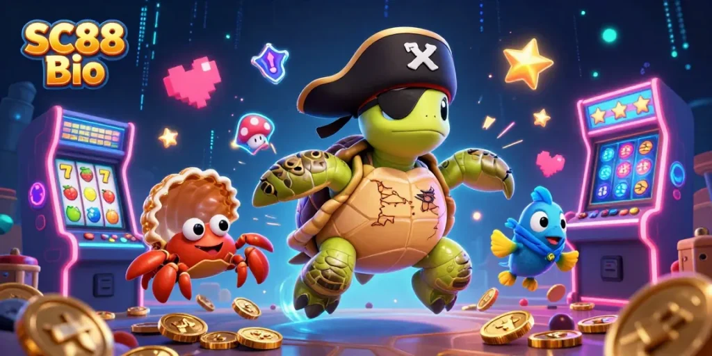 Engage with SC88 Bio's vibrant 3D cartoon scene of a pirate turtle amidst thrilling slot machines.