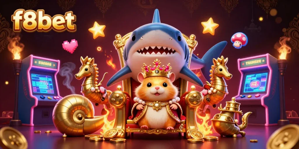 Experience thrilling gameplay at f8bet with a fierce golden hamster king and vibrant gaming elements.