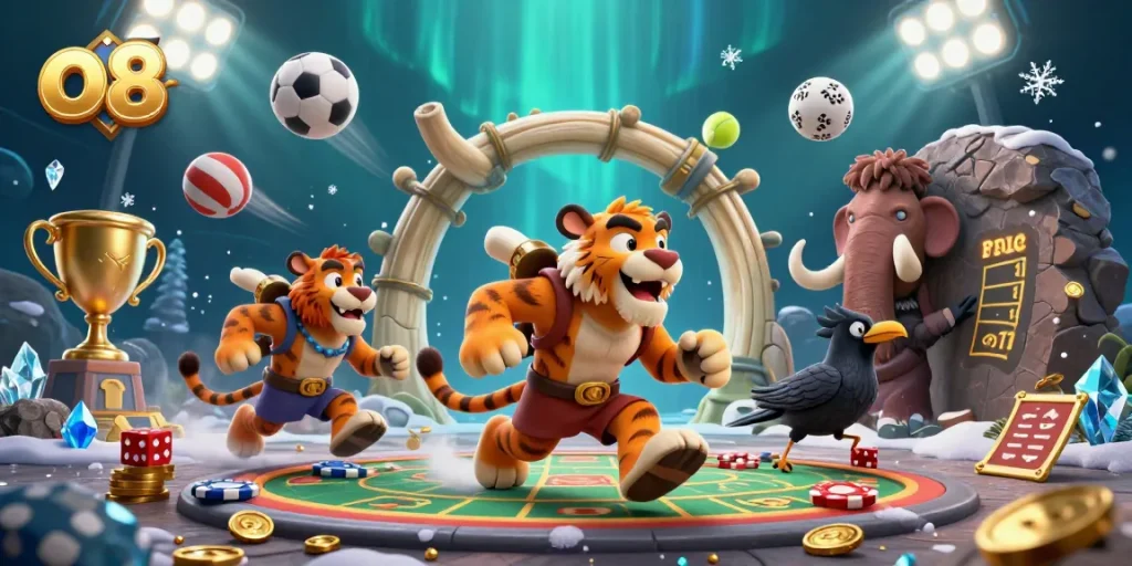 Engage in thrilling gambling with O8's prehistoric casino featuring dynamic sports elements.