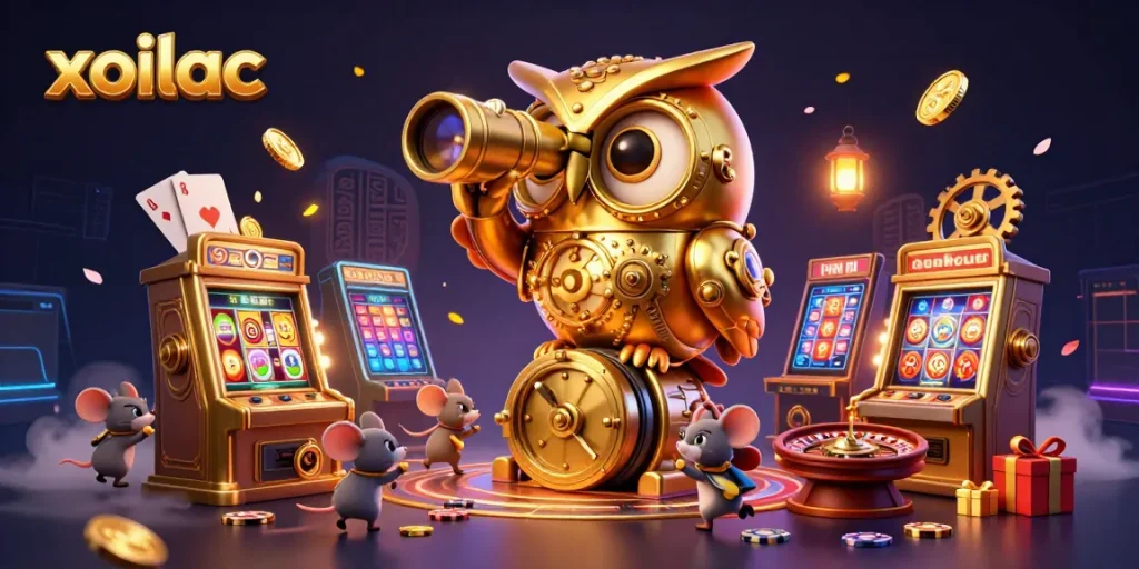 Experience the vibrant energy of xoilac with a 3D clockwork owl overseeing a bustling casino floor.