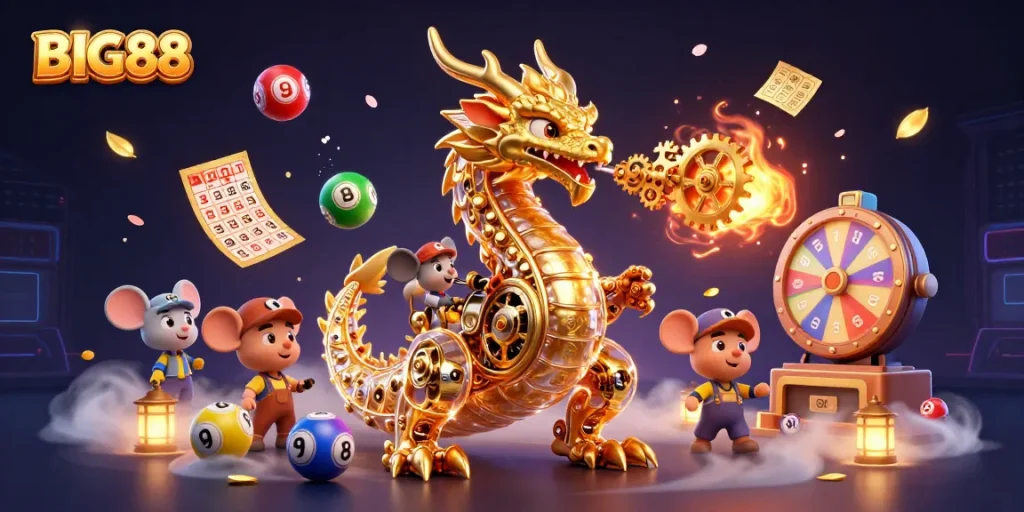 Experience thrilling gameplay with BIG88's 3D golden dragon and colorful lottery elements.