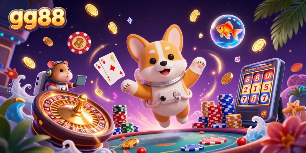 Watch the playful astronaut corgi at gg88 casino, discovering jackpots amid floating coins!