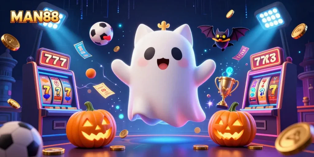 MAN88 showcases a ghost cat and vampire bat enjoying vibrant casino elements and sports action.