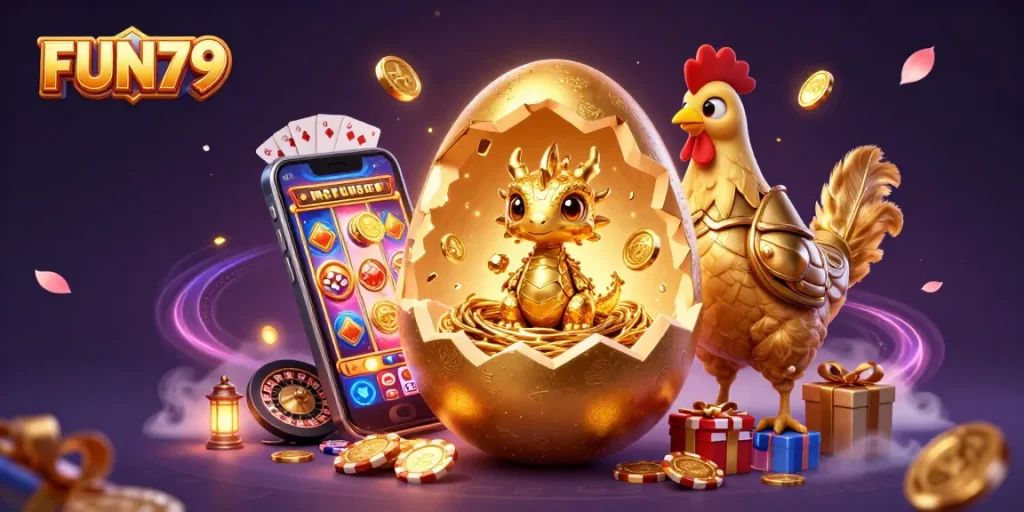 Engage in dynamic gaming excitement with FUN79, featuring a golden dragon, poker chips, and vibrant casino elements.