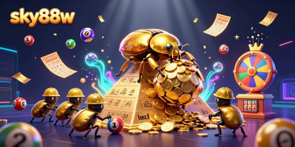 sky88w captures the excitement of rolling golden coins with vibrant gambling elements in a dazzling casino scene