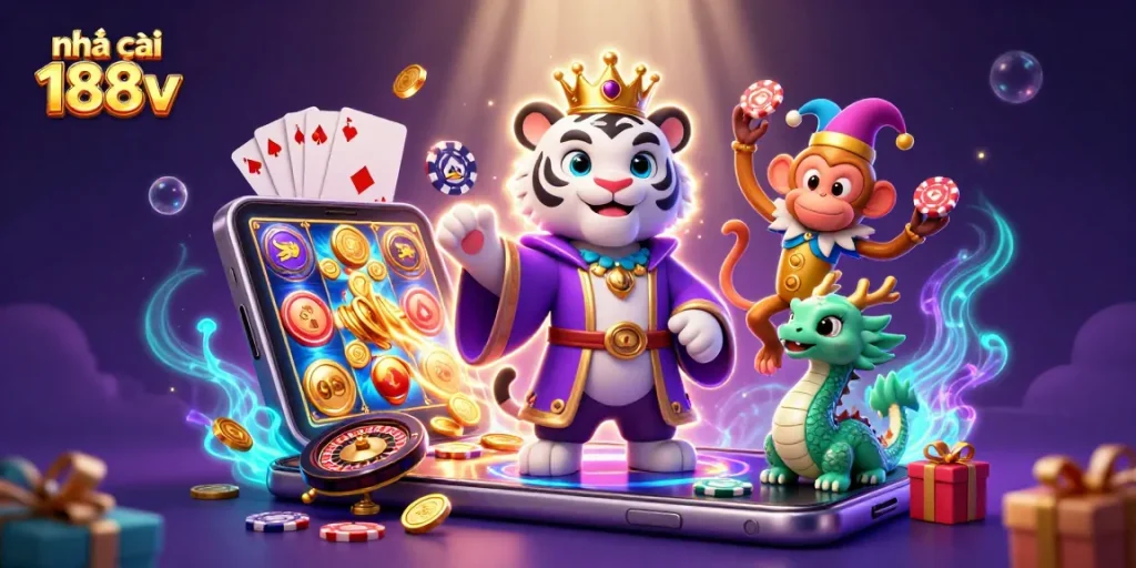 Engage with nhà cái 188v: a vibrant 3D casino scene showcasing strategy and fun.