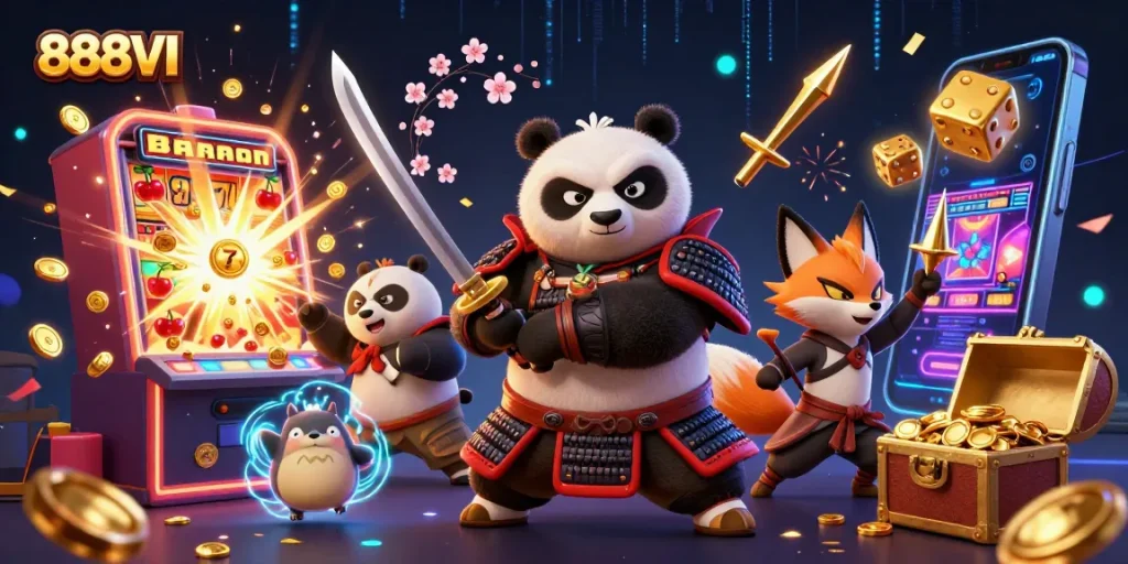 Experience thrilling gameplay at 888VI with samurai panda, ninja fox, and tanuki in action.