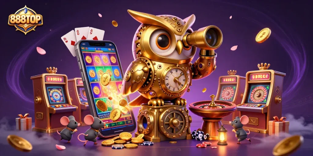 Explore exciting gambling experiences with the 888TOP casino themed illustration featuring a golden owl and slot machines.