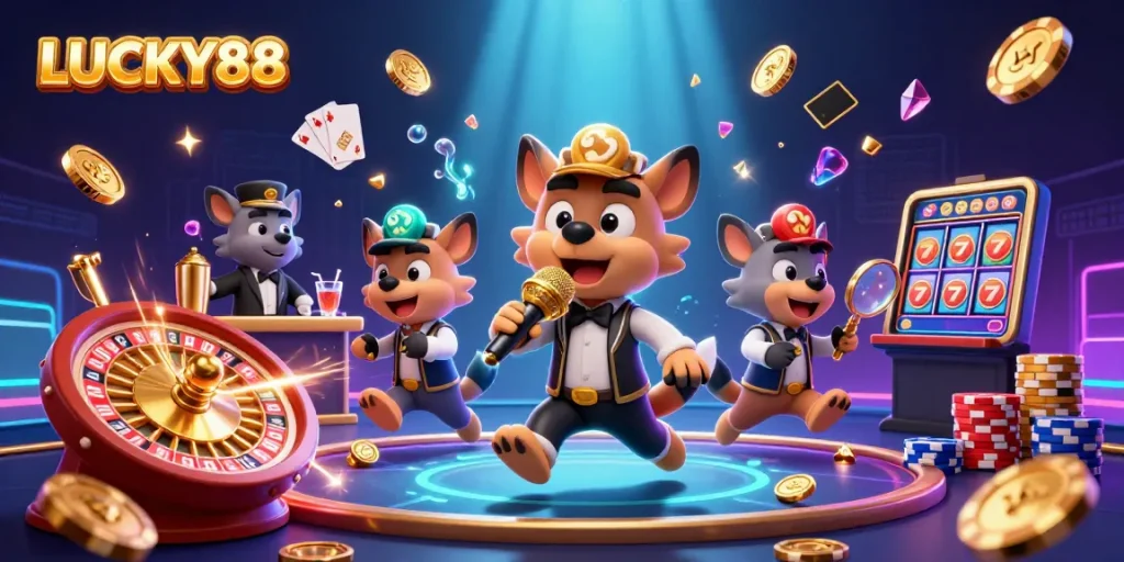 LUCKY88 hyenas entertain in a vibrant, dynamic casino scene filled with excitement and rewards.