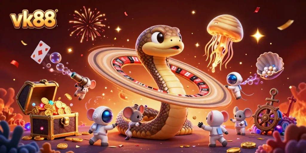 Engage with vk88's cosmic casino scene featuring animated snakes and astronaut mice betting.