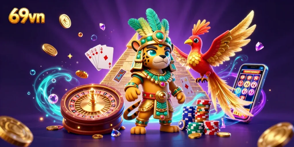 Engage in thrilling casino action with 69vn's vibrant Mayan-themed 3D illustration featuring winning elements.