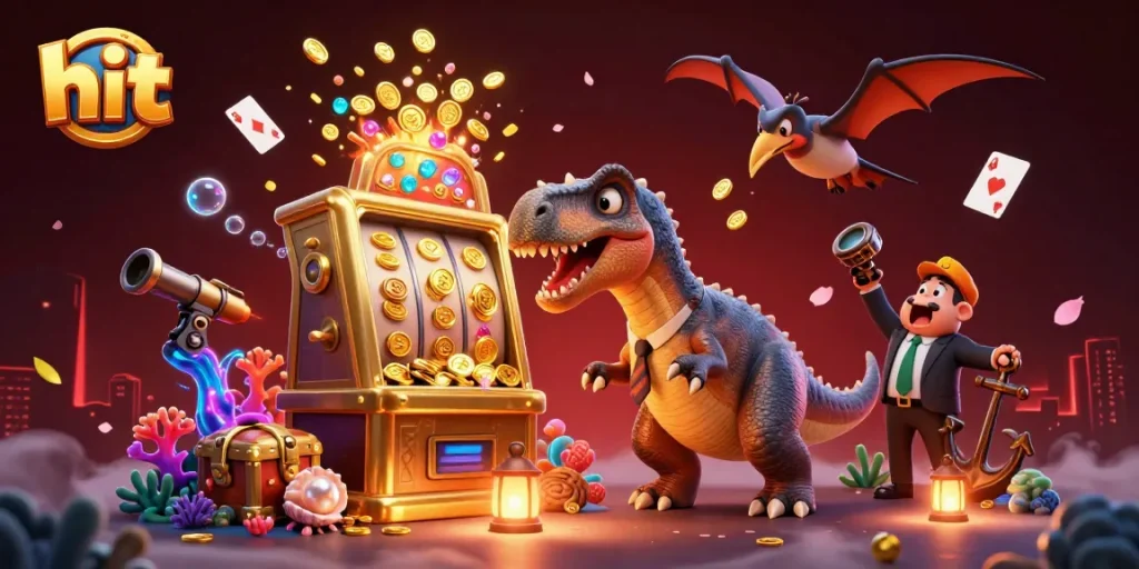 Hit the jackpot in a vibrant casino scene with a dinosaur, slot machine, and golden coins.