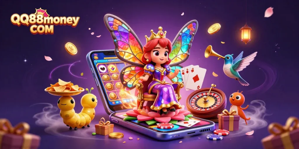 Spin and win at QQ88money COM with enchanting characters in a vibrant casino scene.