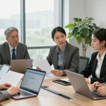 De bedrijvengids voor Nederland biedt een modern kantoor met een team dat samenwerkt aan bedrijfsstrategieën.