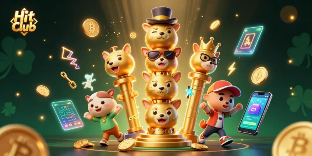 Engage with Hit Club's vibrant gaming atmosphere filled with animated characters and crypto elements.